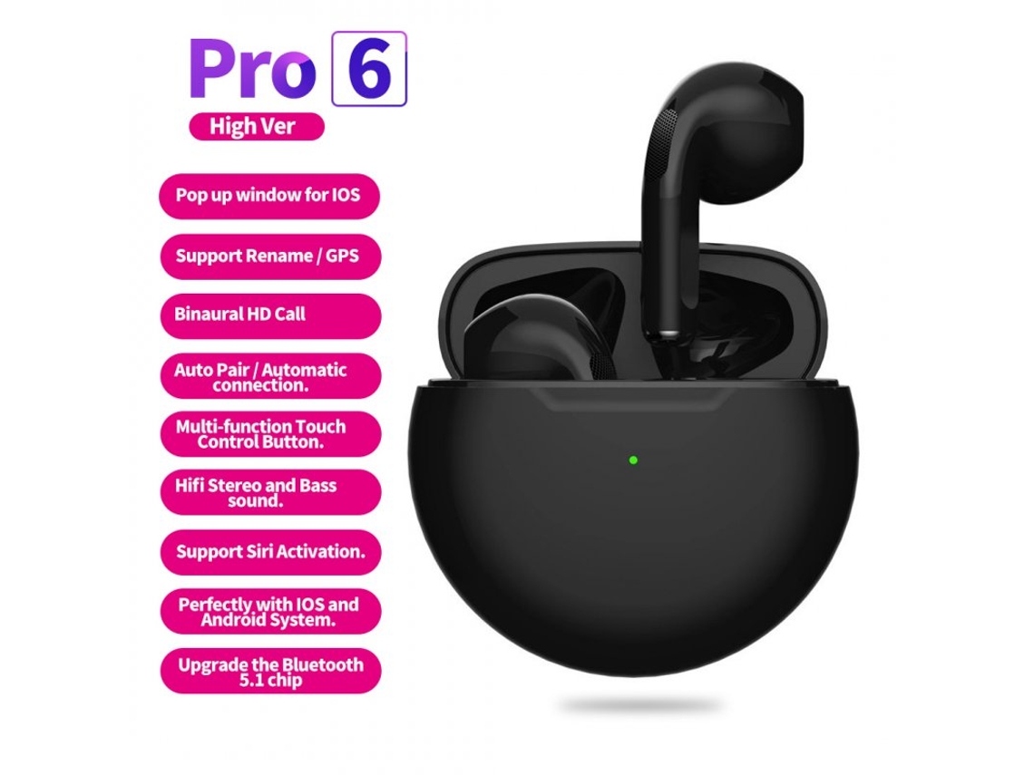 Auriculares Bluetooth True Wireless para Iphone com Microfone Baixo Air Pro 6 Preto