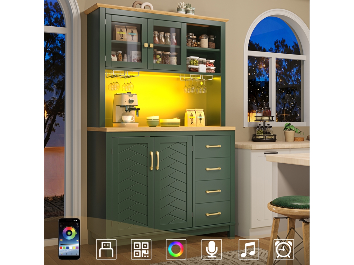 Sideboard / Armário De Cozinha 105.5x40x180cm, Estilo Rústico, 4 Portas, Led E Porta-garrafas, Verde/preto/branco