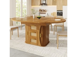 Mesa De Jantar Extensível Com Arrumação 118-158cm Gavetas Rotim Aspeto Madeira Mdf Preto Natural E Castanho