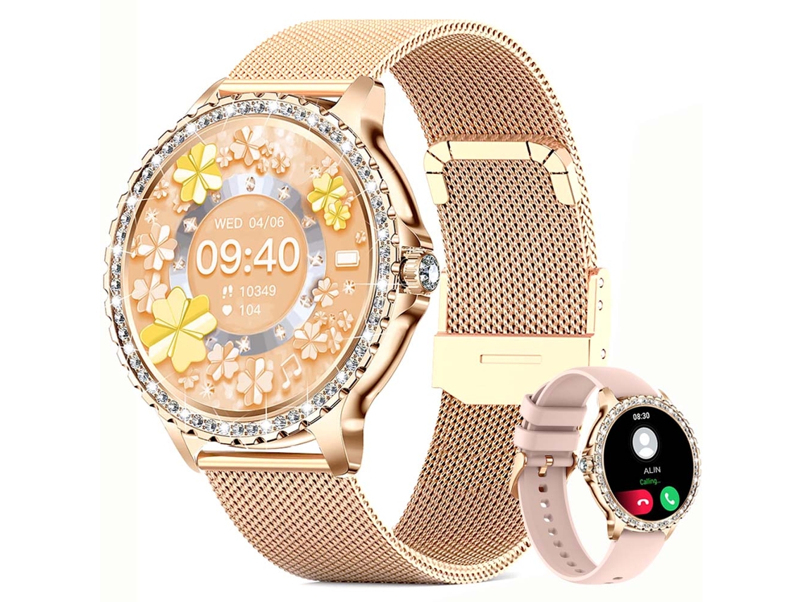 (dourado) Smartwatch Feminino Com Diamantes Tela Sensível Ao Toque Completa E Pulseira De 1,32 Polegadas.