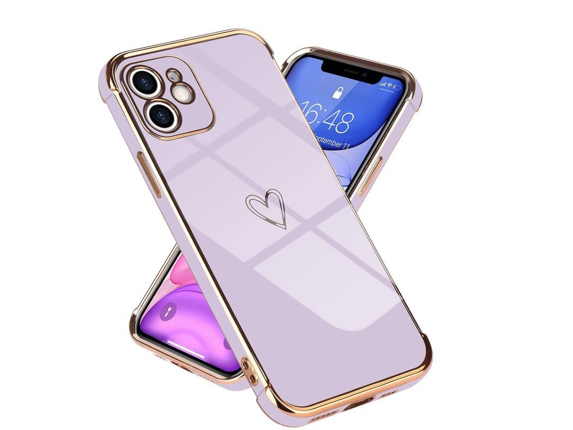 2026 capa Silicone Iphone 11 com Padrão de Coração Borda Dourada Anti impacto Roxa Suporta Carregamento Sem Fio