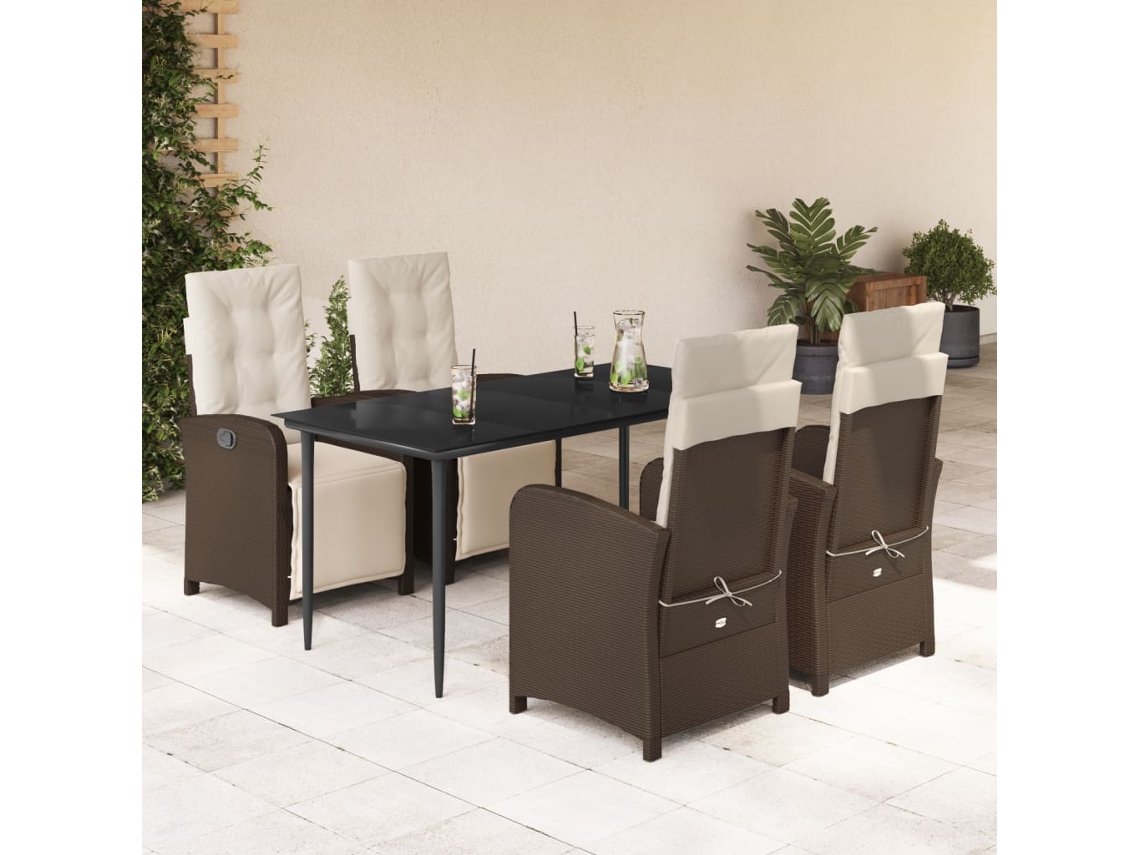 Vidaxl 5 Pcs Conjunto Jantar P/ Jardim C/ Almofadões Vime Pe Castanho