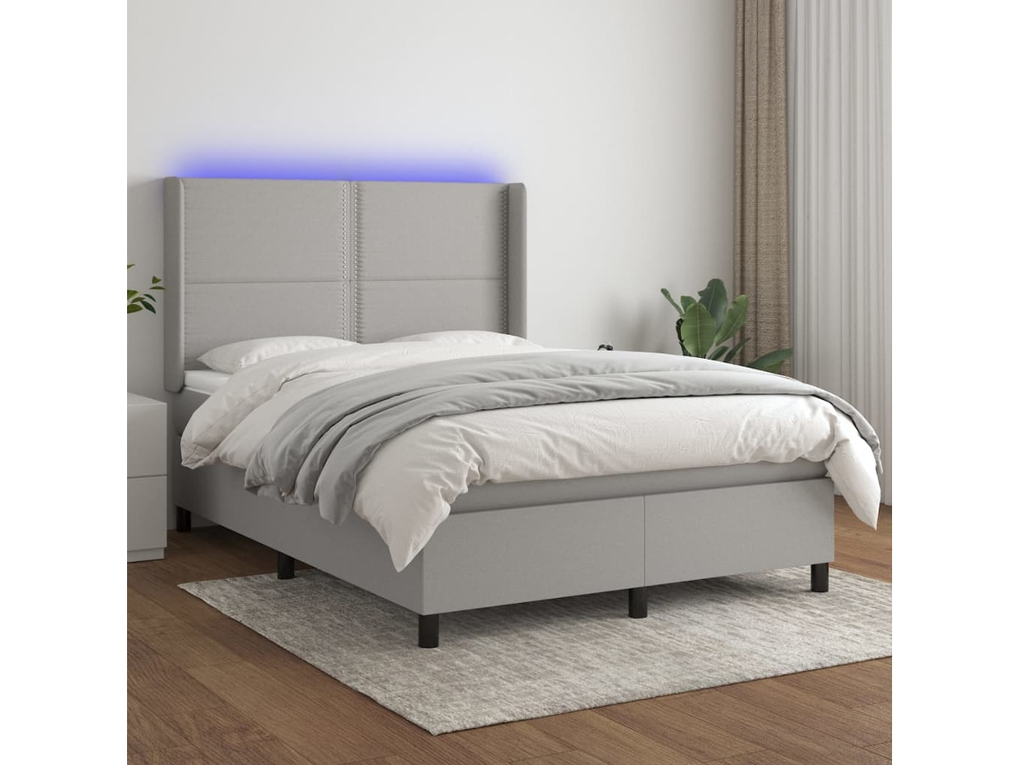 Vidaxl Cama Box Spring C/ Colchão e Led 140x190 Cm Tecido Cinza claro