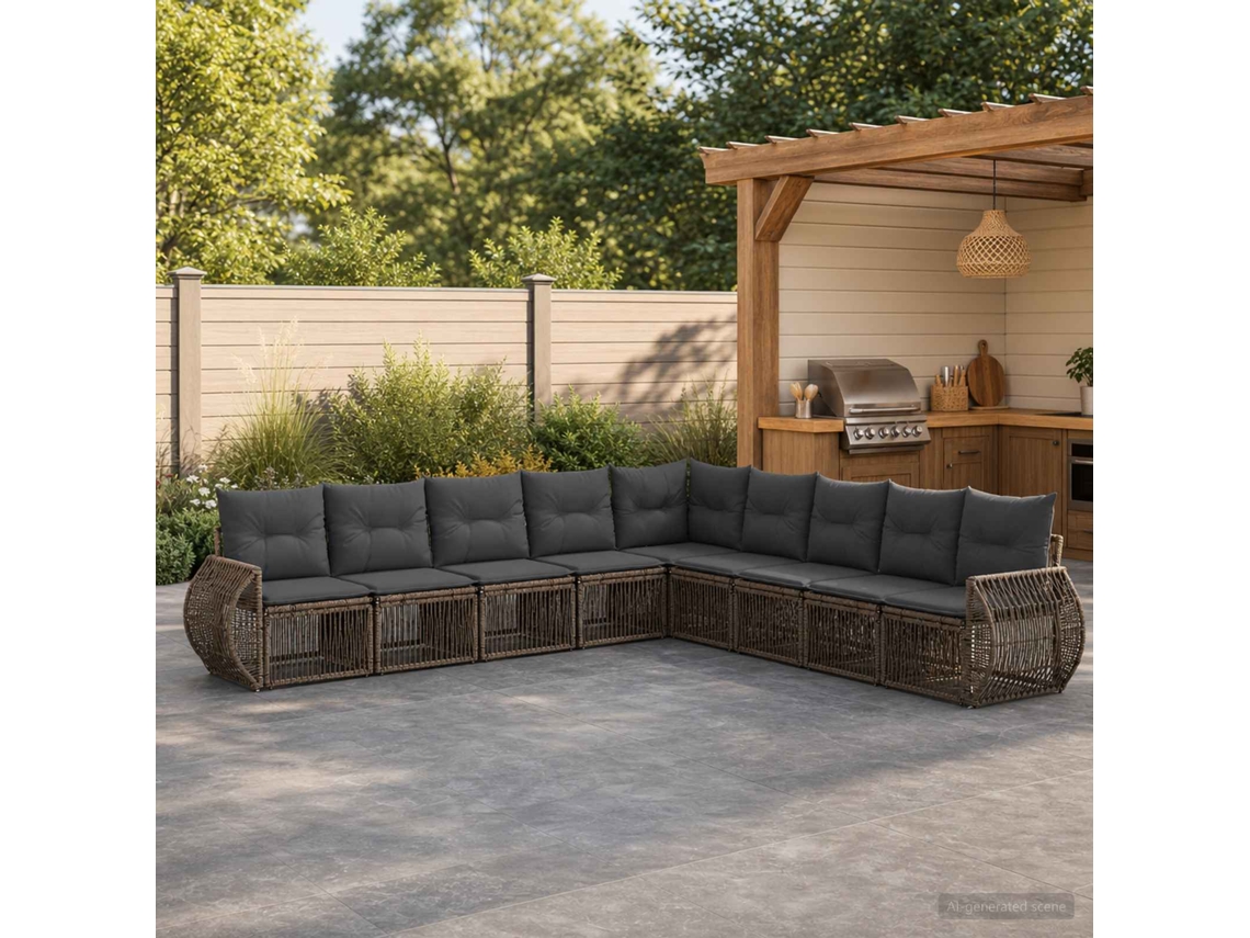 Vidaxl Conjunto De Sofá De Jardim 9 Unid. Cinza E Cinza Escuro Vime Pe