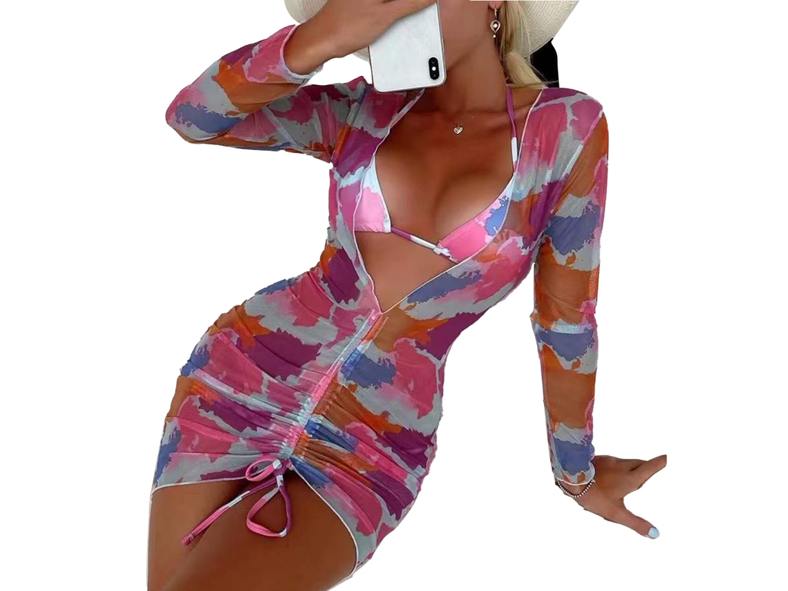 Conjunto Bikini Praia Elegante 2 Peças Manga Longa Malha Transparente