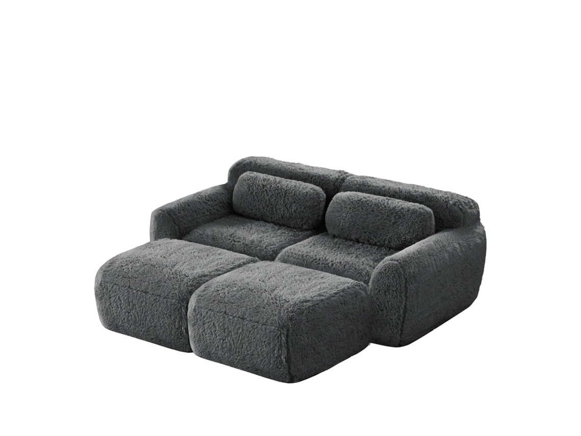 Sofá Modular Sem Estrutura Em Tecido Macio, Sofá De 2 Lugares Com 2 Puff, Confortável E Prático Para Sala De Estar Em Cinza