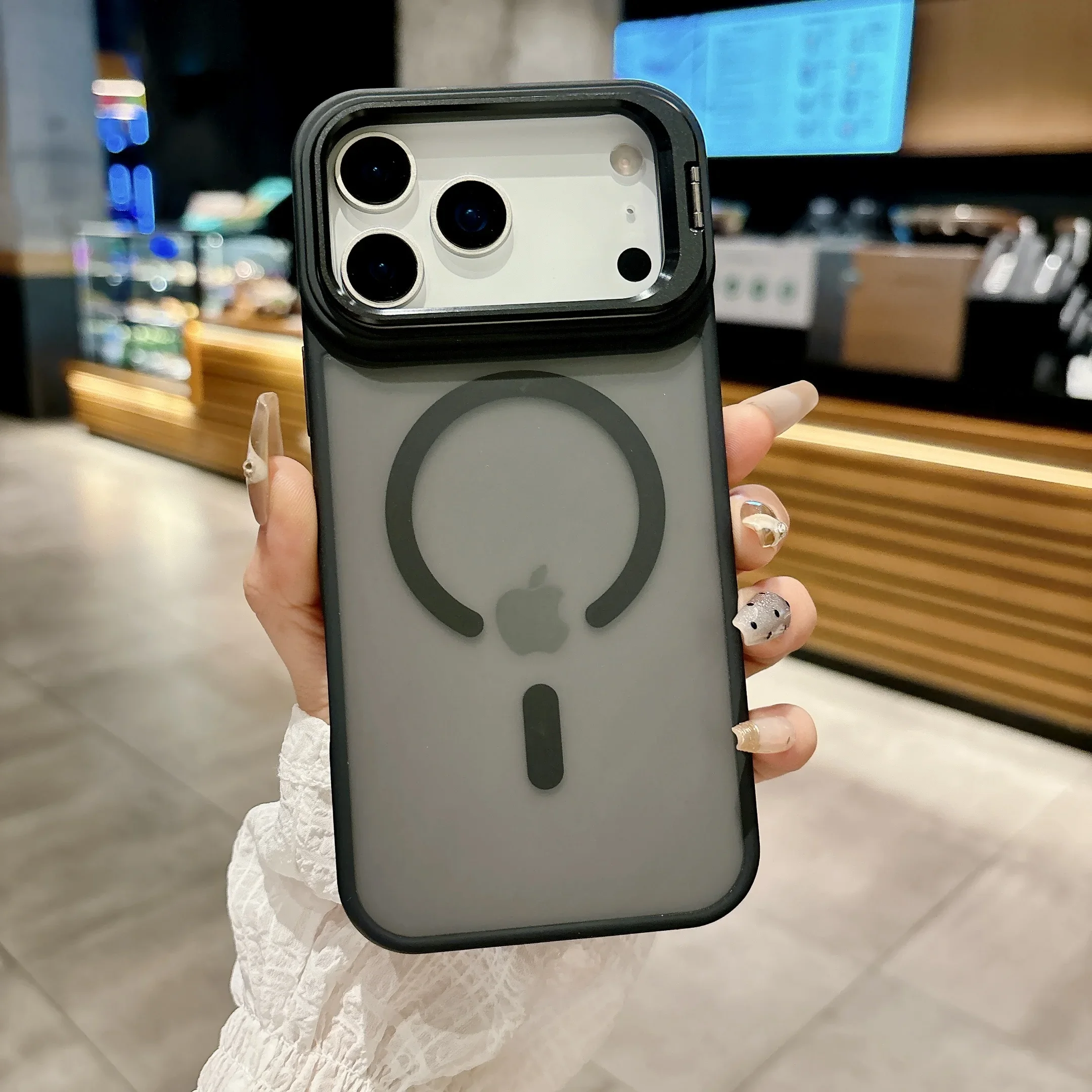 (iphone 17, Preto) Capa Protetora Magnética Fosca Translúcida Para Iphone Com Suporte De Metal E Compatibilidade Com Magsafe.