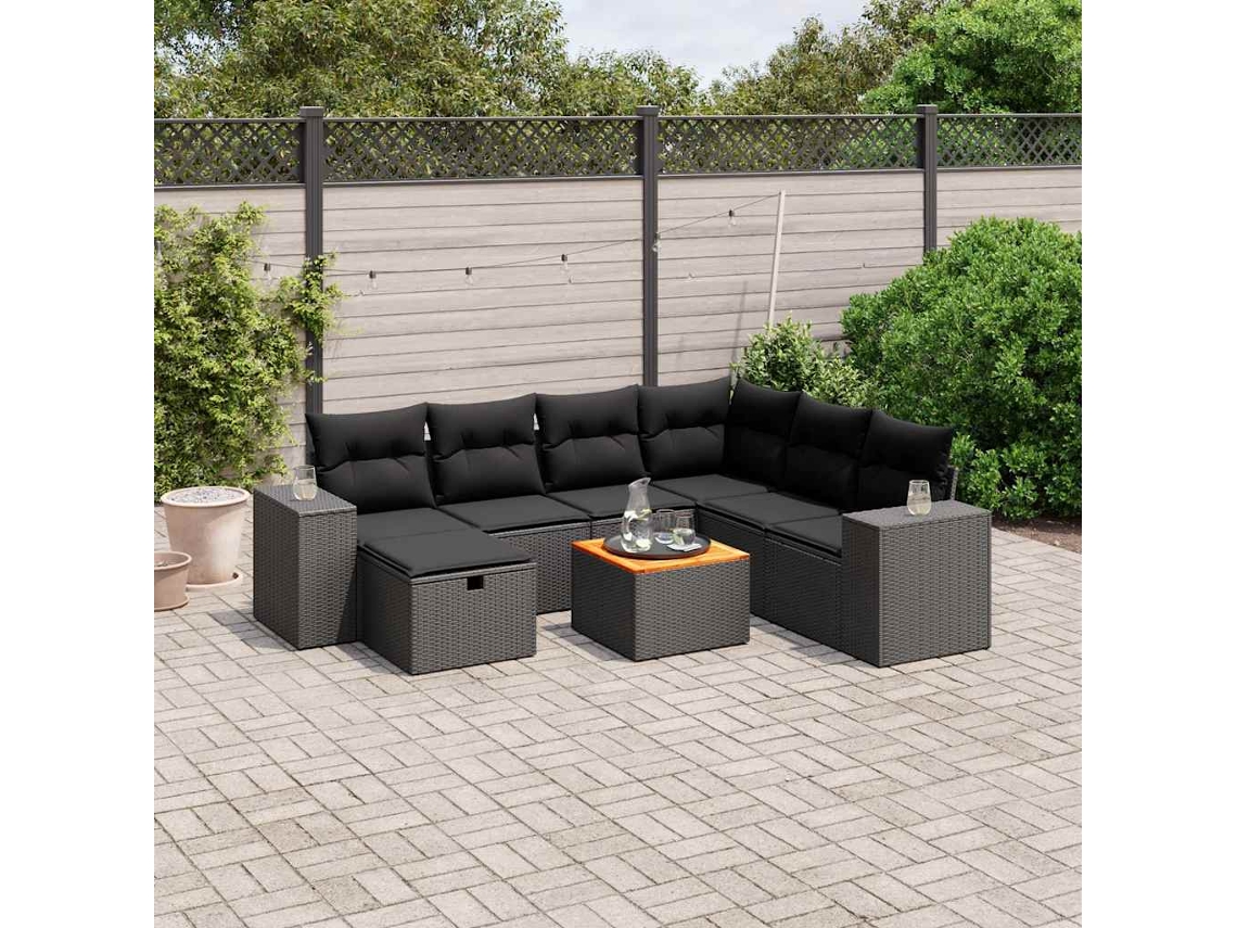 Vidaxl 8 Pcs Conjunto Sofás De Jardim Com Almofadões Vime Pe Preto