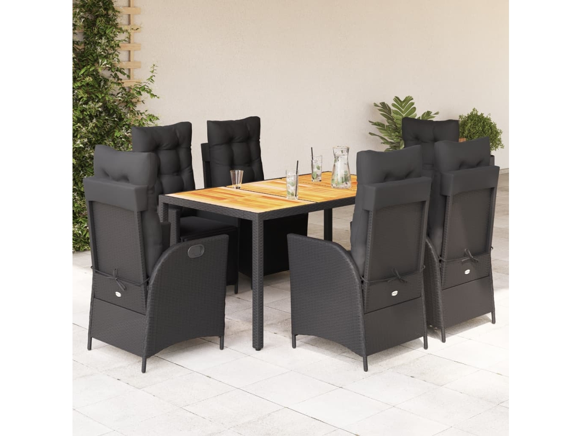 Vidaxl 7 Pcs Conjunto De Jantar P/ Jardim C/ Almofadões Vime Pe Preto