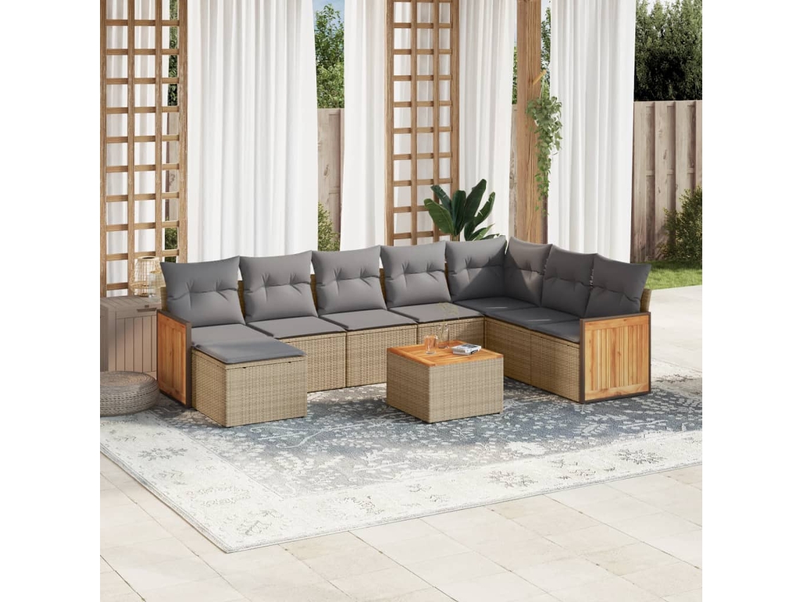 Vidaxl 9 Pcs Conjunto De Sofás P/ Jardim Com Almofadões Vime Pe Bege