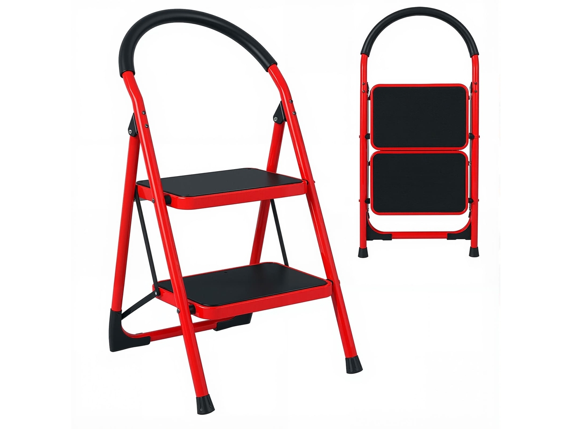 Escada Dobrável De 2 Degraus Com Punho Superior, Estrutura Em Aço Resistente Formato Triangular Estável, Pedais Largos Antiderrapantes, Vermelho