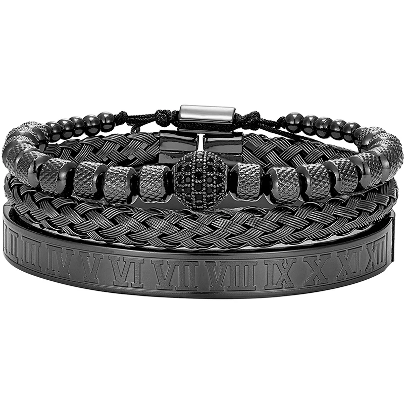 Pulseira Roman Royal com Zircônias e Padrão Geométrico em Aço Inoxidável MDUG (preto)