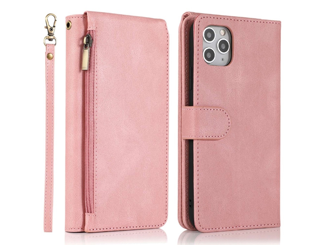 Capa Pega Para Iphone 14 Pele Sintética Com Porta-cartões Rosa