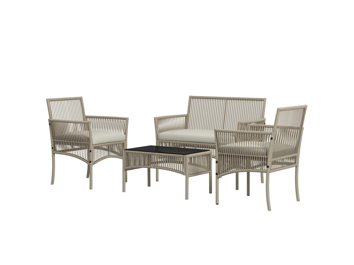 Conjunto Sofá 2 Lugares + 2 Poltronas + Mesa Centro Vidro Cáqui