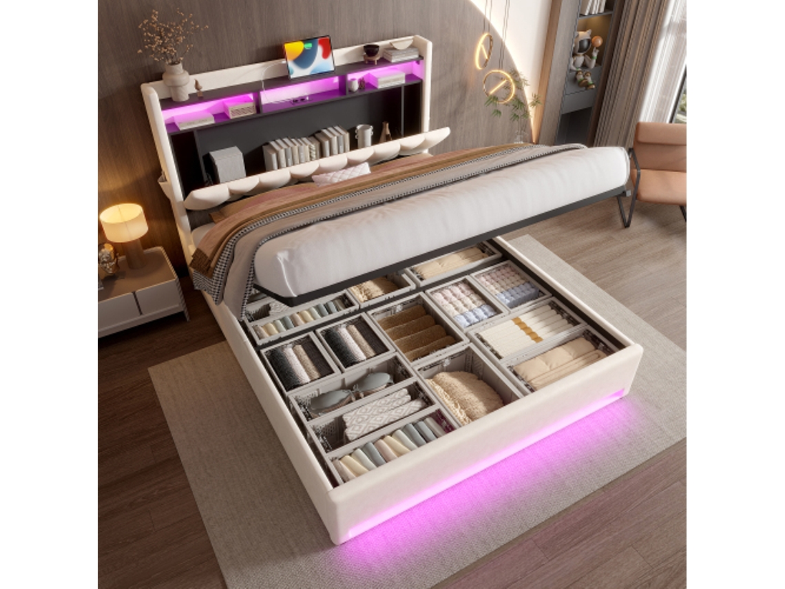 Estrutura De Cama Estofada De 160 X 200 Cm Com Iluminação Led, Carregamento Usb Tipo C E Armazenamento Embaixo Da Cama, Cabeceira De Armazenamento, E