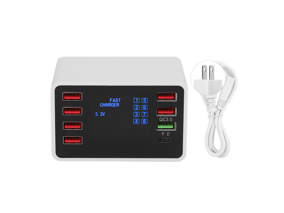 Carregador USB de Múltiplas Portas com Carregamento Rápido QC3.0 PD18W e Display LCD EOOCOO