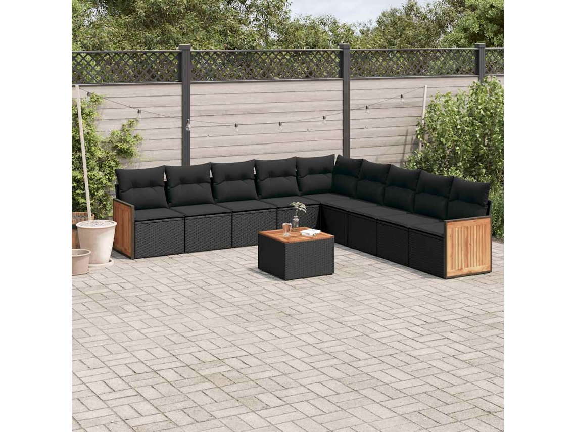 Vidaxl 10 Pcs Conjunto Sofás De Jardim C/ Almofadões Vime Pe Preto