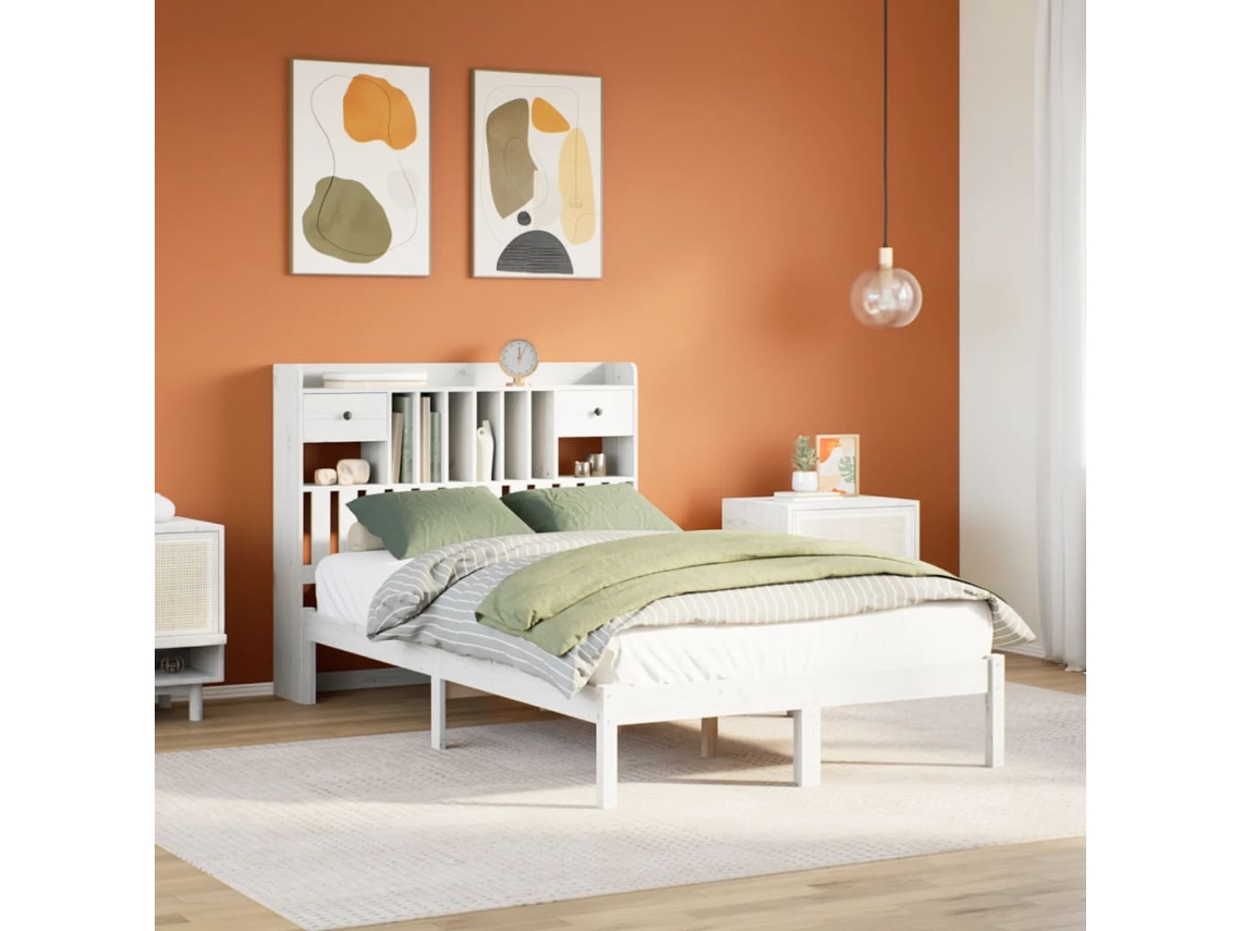 Vidaxl Cama Com Estante Sem Colchão 135x190 Cm Pinho Maciço Branco