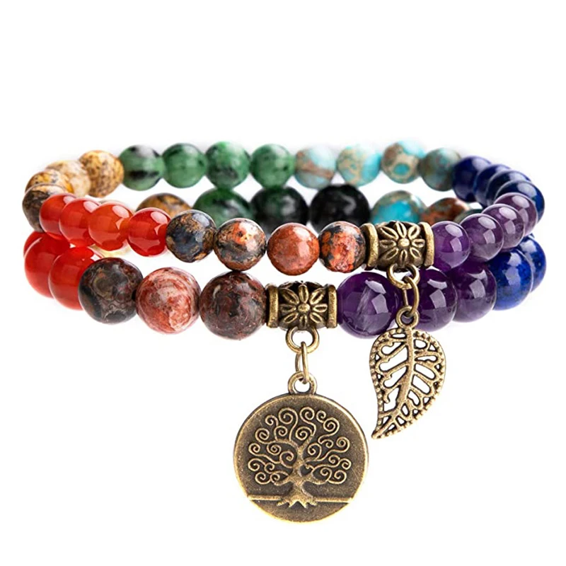 Pulseira Árvore Da Vida Dos Chakras, Pulseira De Contas De Pedra Natural