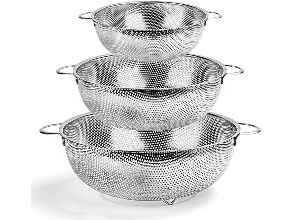Escorredor De Cozinha/peneira, Prateado, Aço Inoxidável, 3 Partes, Utensílios De Cozinha/culinária, Escorredor Redondo, Escorredor Com Cabo Longo