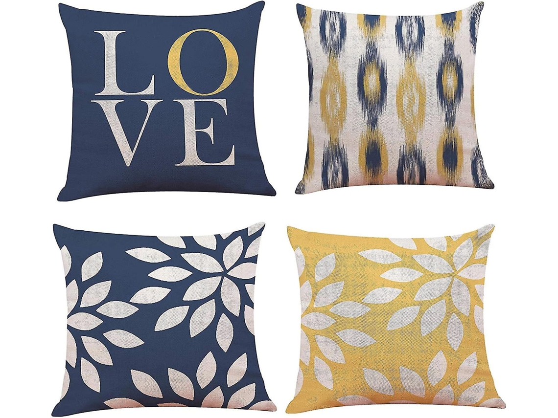 Fronhas De Travesseiro 18x18 Polegadas Modernas Amarelo Azul Decorativas Interior Exterior Algodão Linho Sofá Conjunto De 4