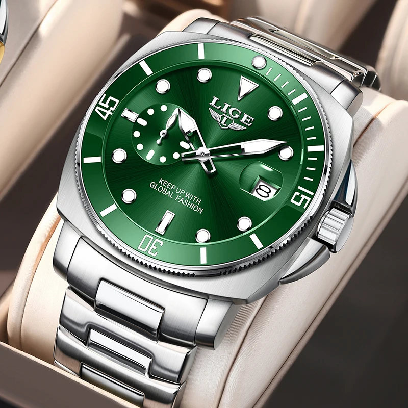Relógio De Mergulho De Luxo Luminoso E À Prova D'água (verde Prateado), Relógio Militar De Quartzo Em Aço Inoxidável
