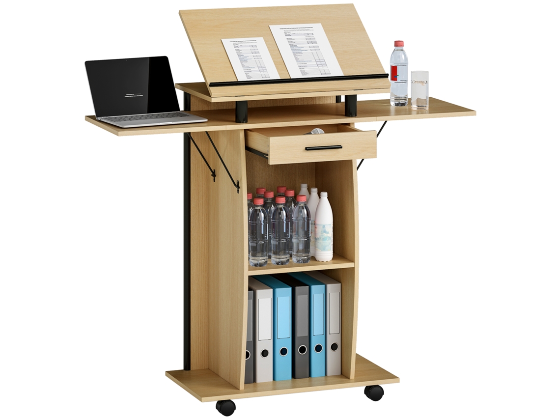 Suporte de púlpito móvel BTFORUS com asas dobráveis, mesa para notebook, gaveta e prateleiras, visual carvalho