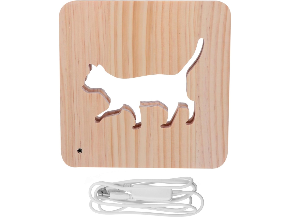 Luminária Noturna de Madeira com Led em Formato de Gatinho Vazado, Ideal para Gravuras, com Luz Branca Quente Suave e Compatível. SFUSHOS