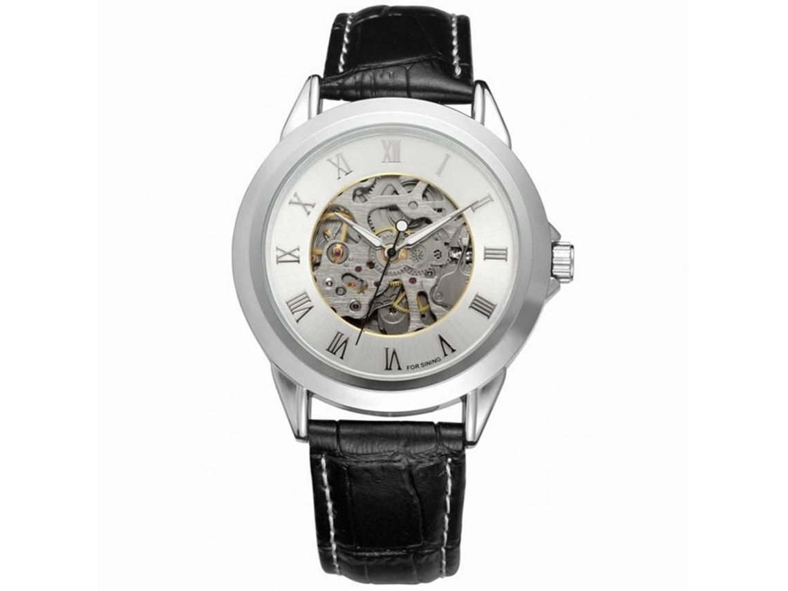 Relógio masculino Forsinging automático mecânico com pulseira de couro e design vazado, nas cores prata e branca.