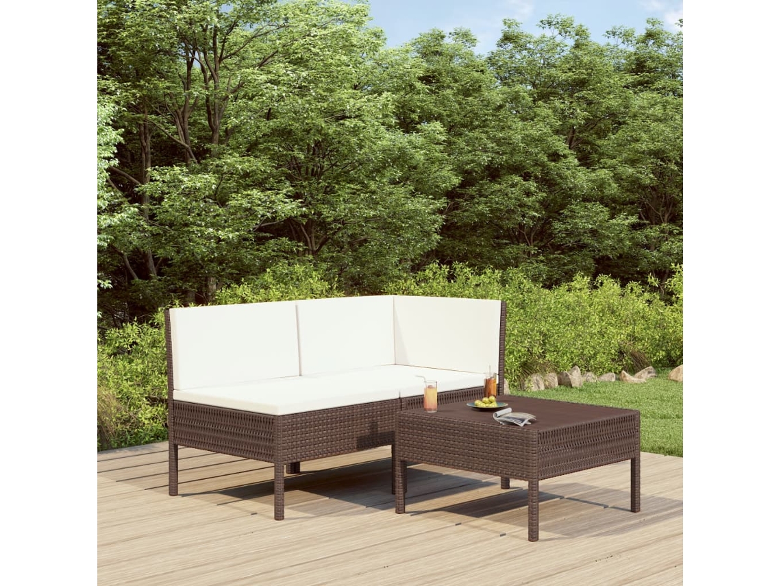 Vidaxl 3 Pcs Conjunto Lounge Jardim C/ Almofadões Vime Pe Castanho