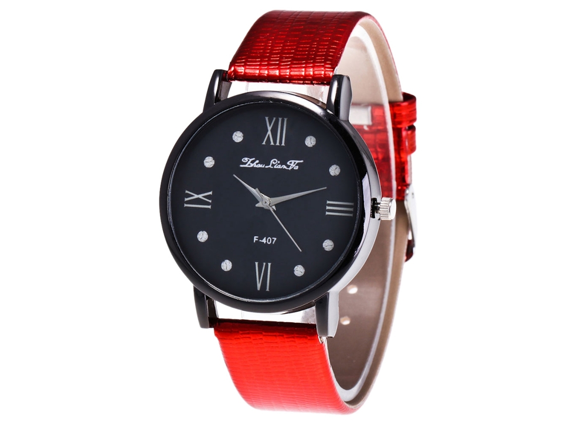 Relógio de casal Zhoulianfa com quartzo vermelho, pulseira de couro PU e mostrador redondo.