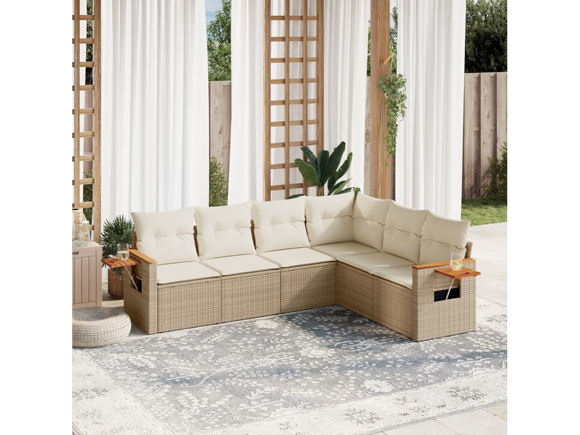 Vidaxl 6 Pcs Conjunto De Sofás P/ Jardim Com Almofadões Vime Pe Bege