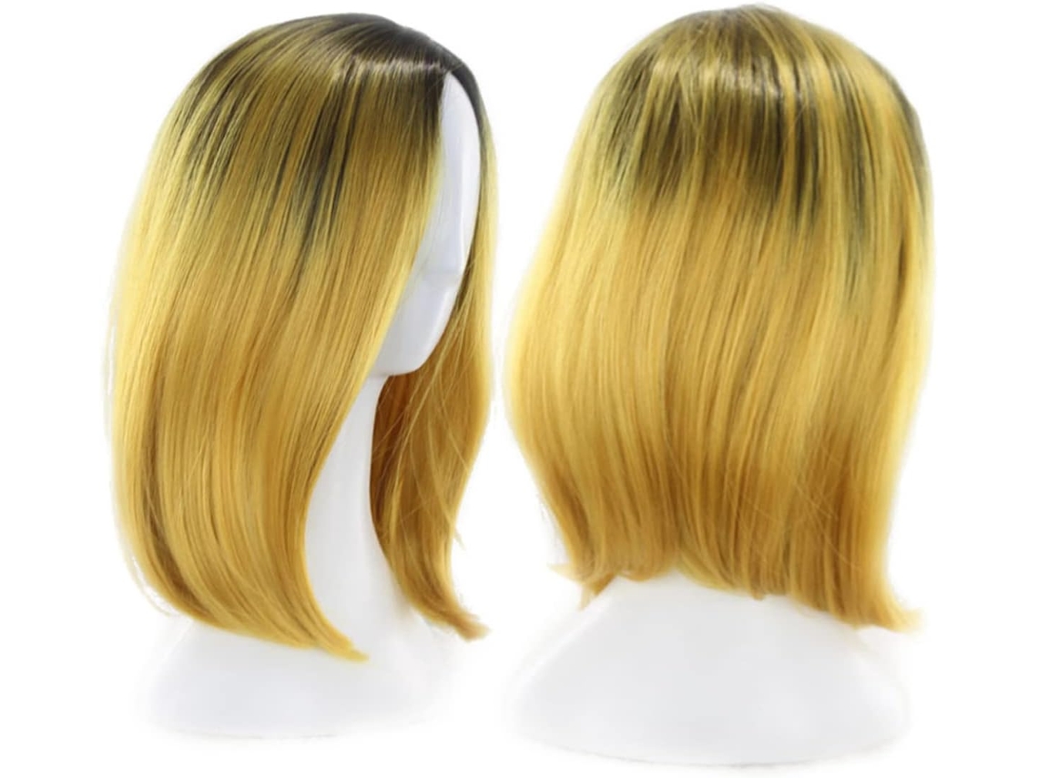 Peruca Curta Estilo Bob Sintético com Mechas de Cabelo Amarelo para Cosplay e Halloween.