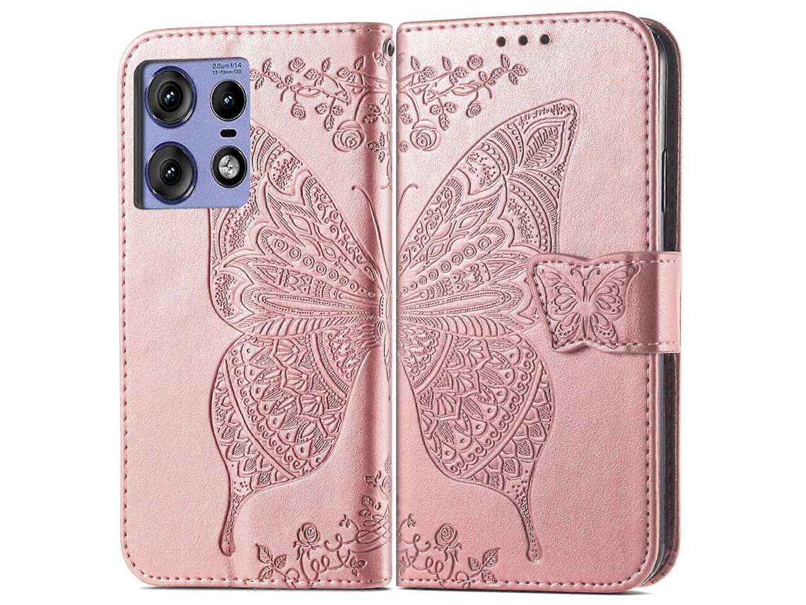 Capa De Celular Motorola Moto G 2025 Em Couro Com Estampa De Borboleta E Flor Em Relevo.
