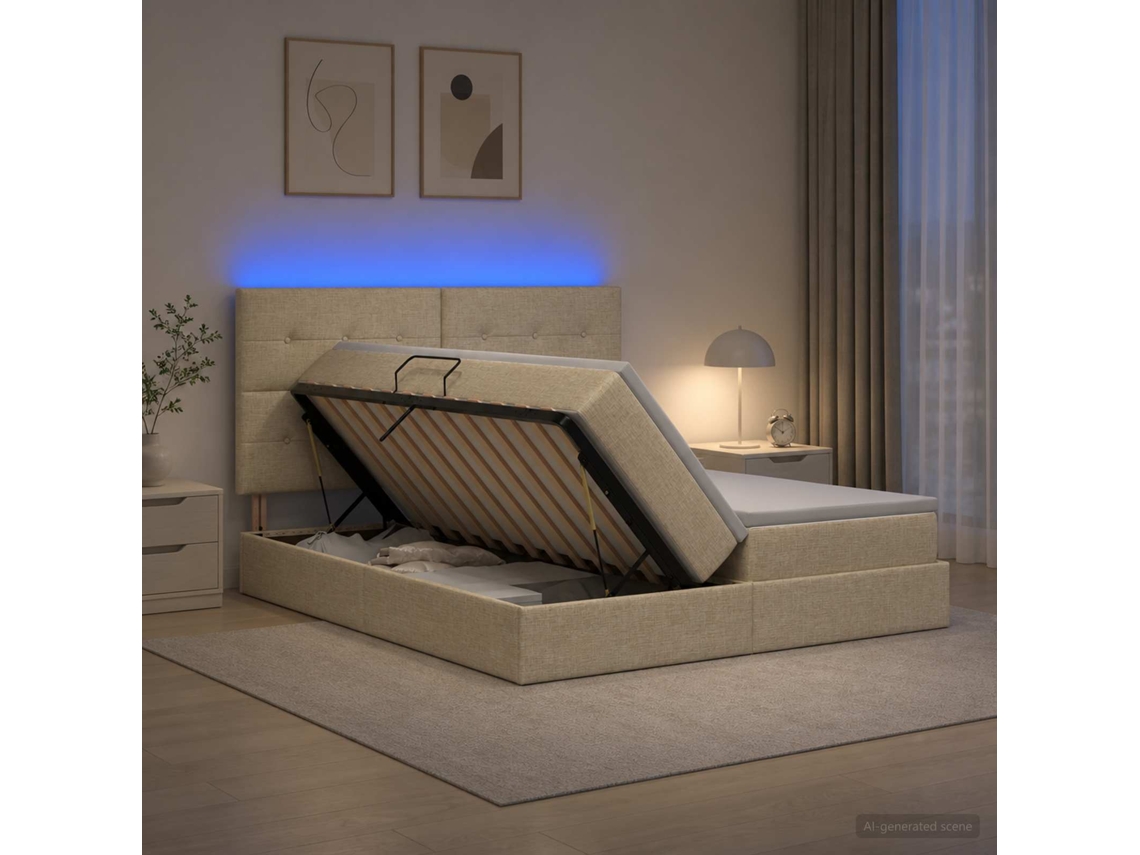 Vidaxl Cama De Armazenamento Led Com Colchão Creme 200 X 200 Cm Tecido