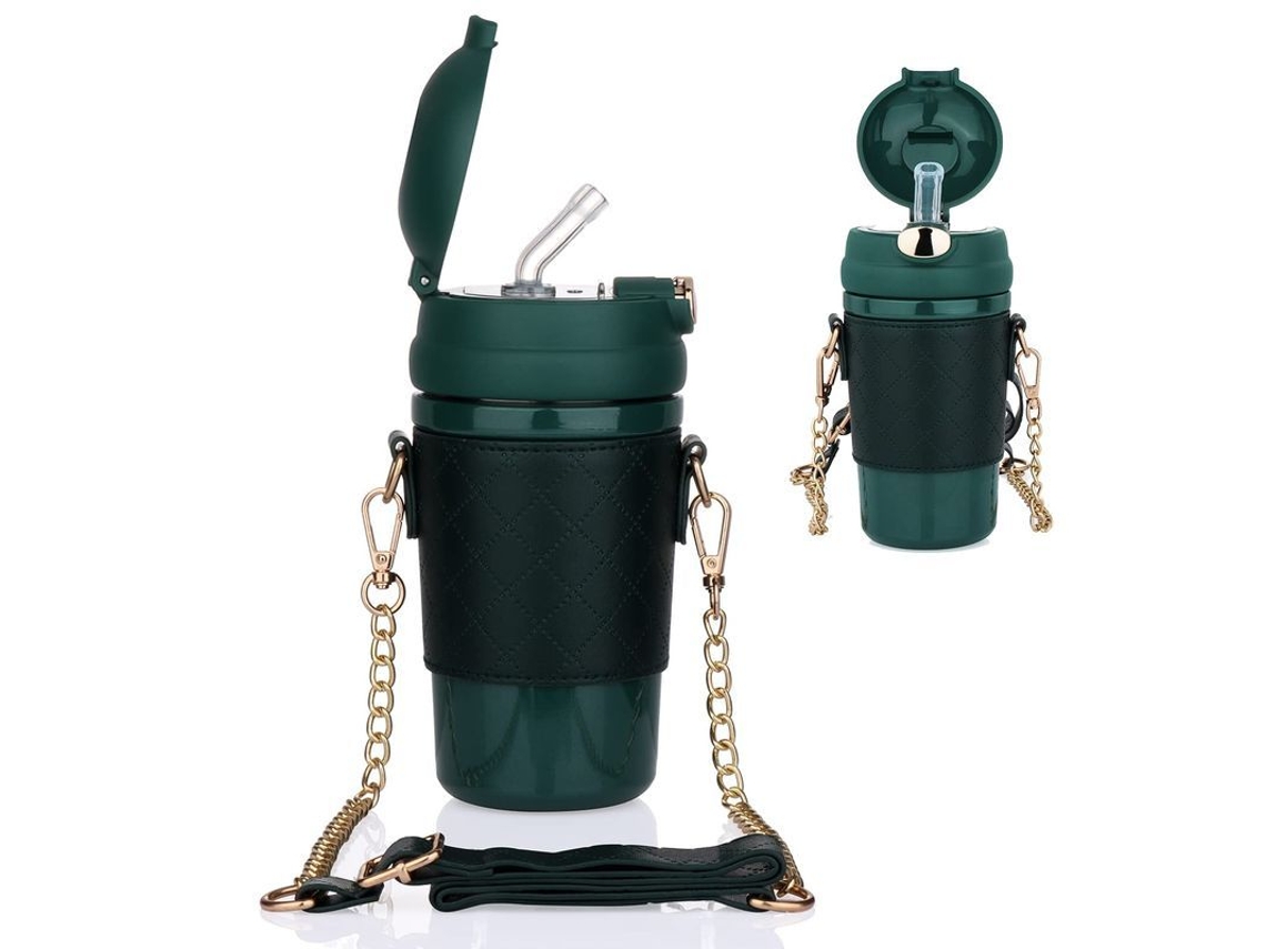 Garrafa térmica Rebe-Linjou em aço inoxidável com tampa, compartimentos e alça ajustável, 480ml, verde.