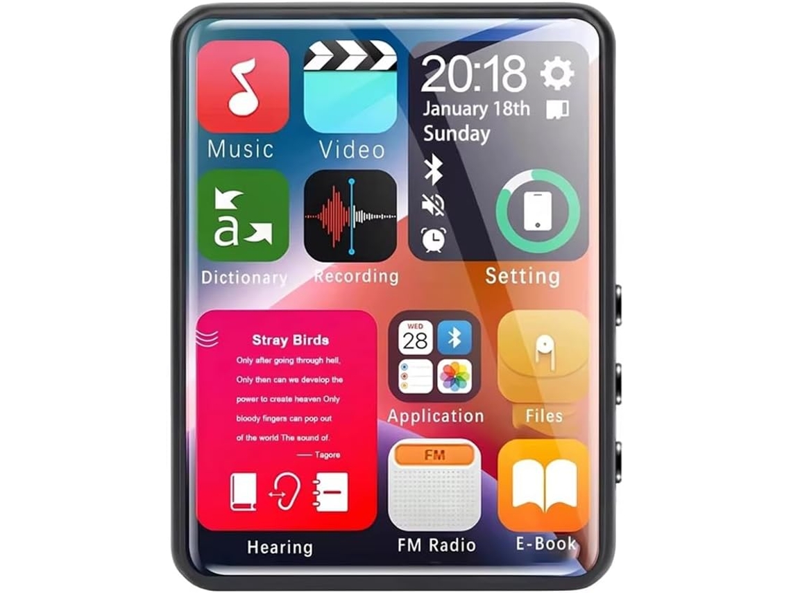 Leitor de MP3 de 4 GB, Leitor de MP4, Bluetooth, Tela de 4 polegadas, Alto-falante, Leitor de e-books com tela sensível ao toque de 2,4 polegadas e memória para vídeos.