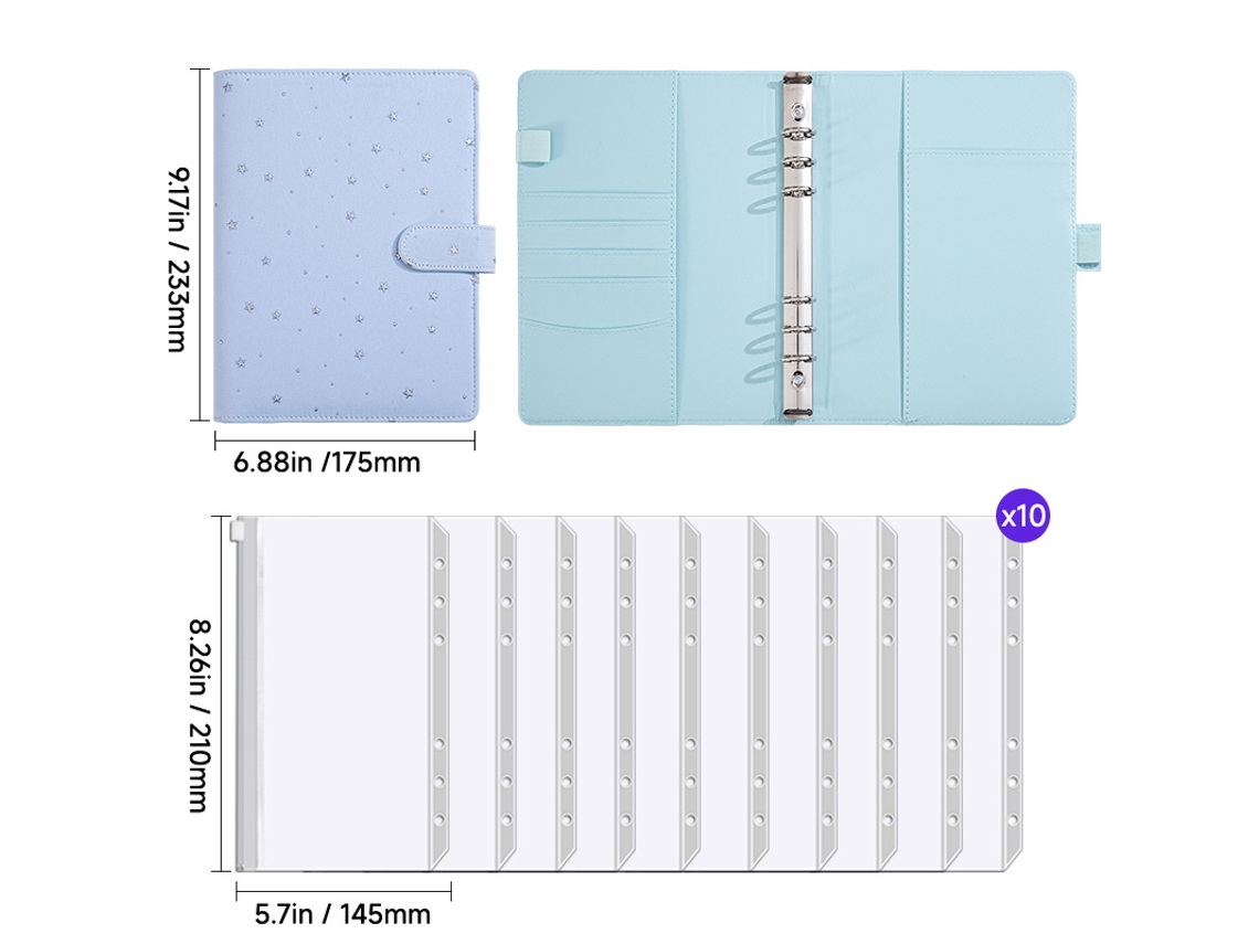 A5 Starry Sky Refillable Loose Leaf Notebook With 10-zipper Pockets Blue