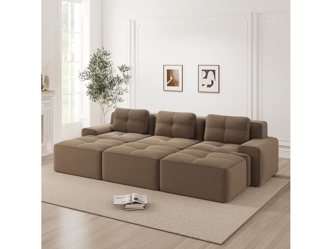 Sofá Modular Canto Veludo Cotelê 3 Pufes Cama Marrom VOLTEDGE