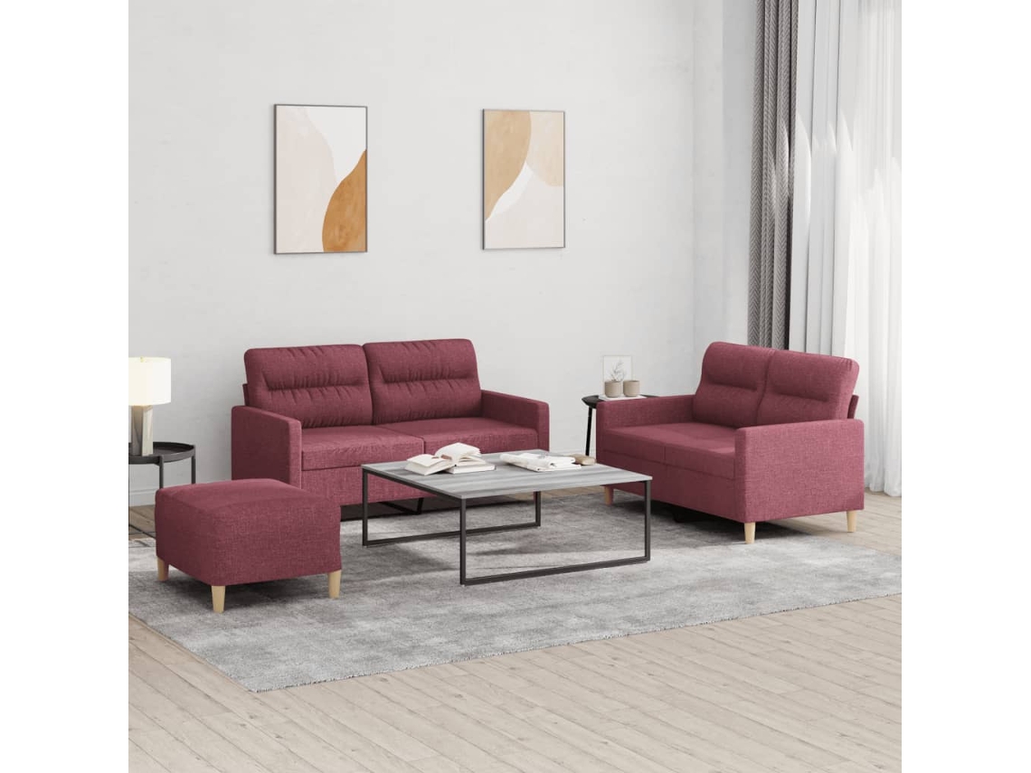 Vidaxl 3 Pcs Conjunto De Sofás Com Almofadões Tecido Vermelho Tinto