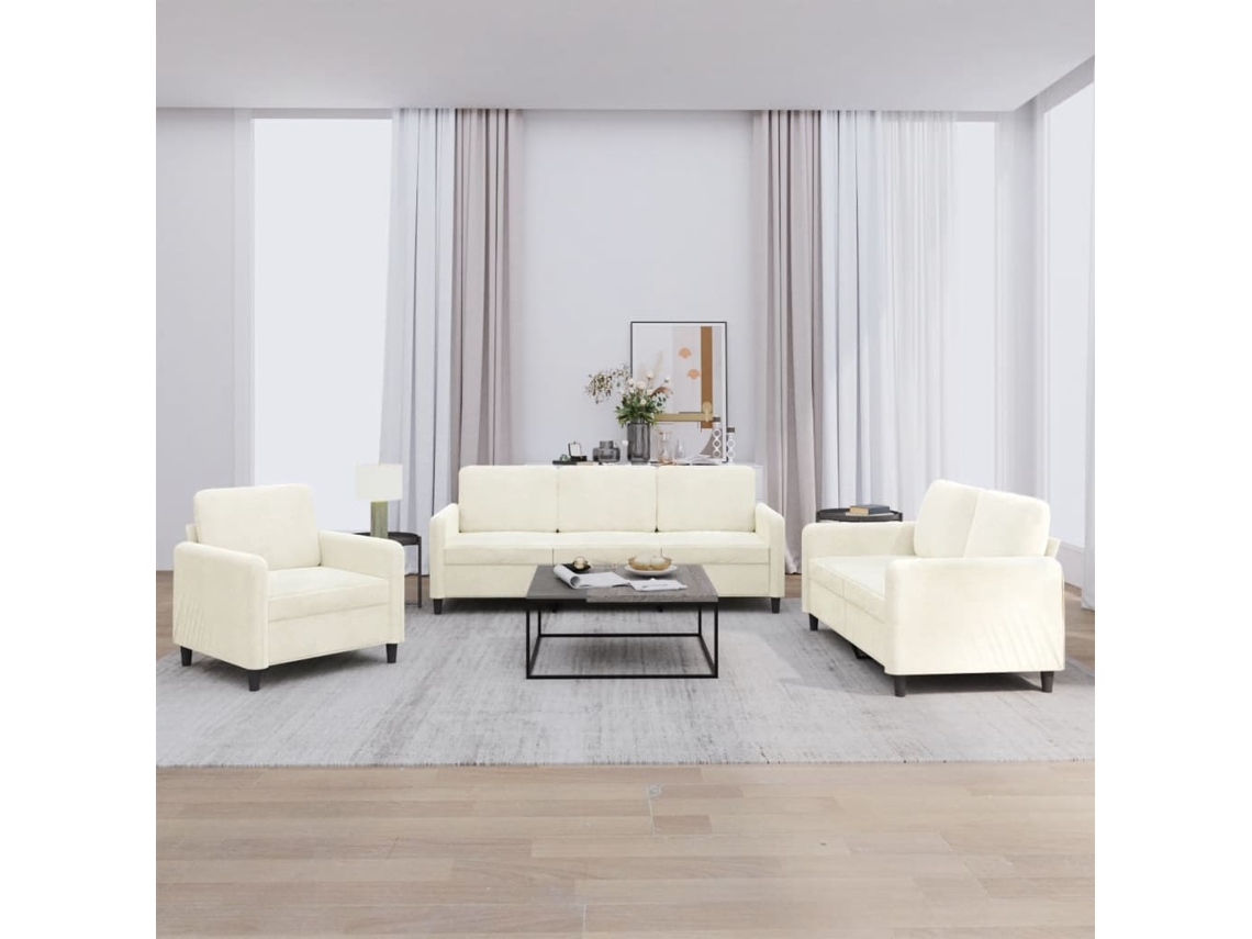 Vidaxl 3 Pcs Conjunto De Sofás Veludo Cor Creme