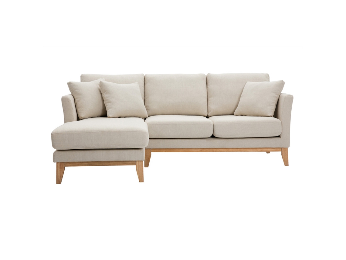Sofá nórdico com chaise longue à esquerda em tecido bege com capa removível de madeira clara 3-4 lugares Oslo MILIBOO