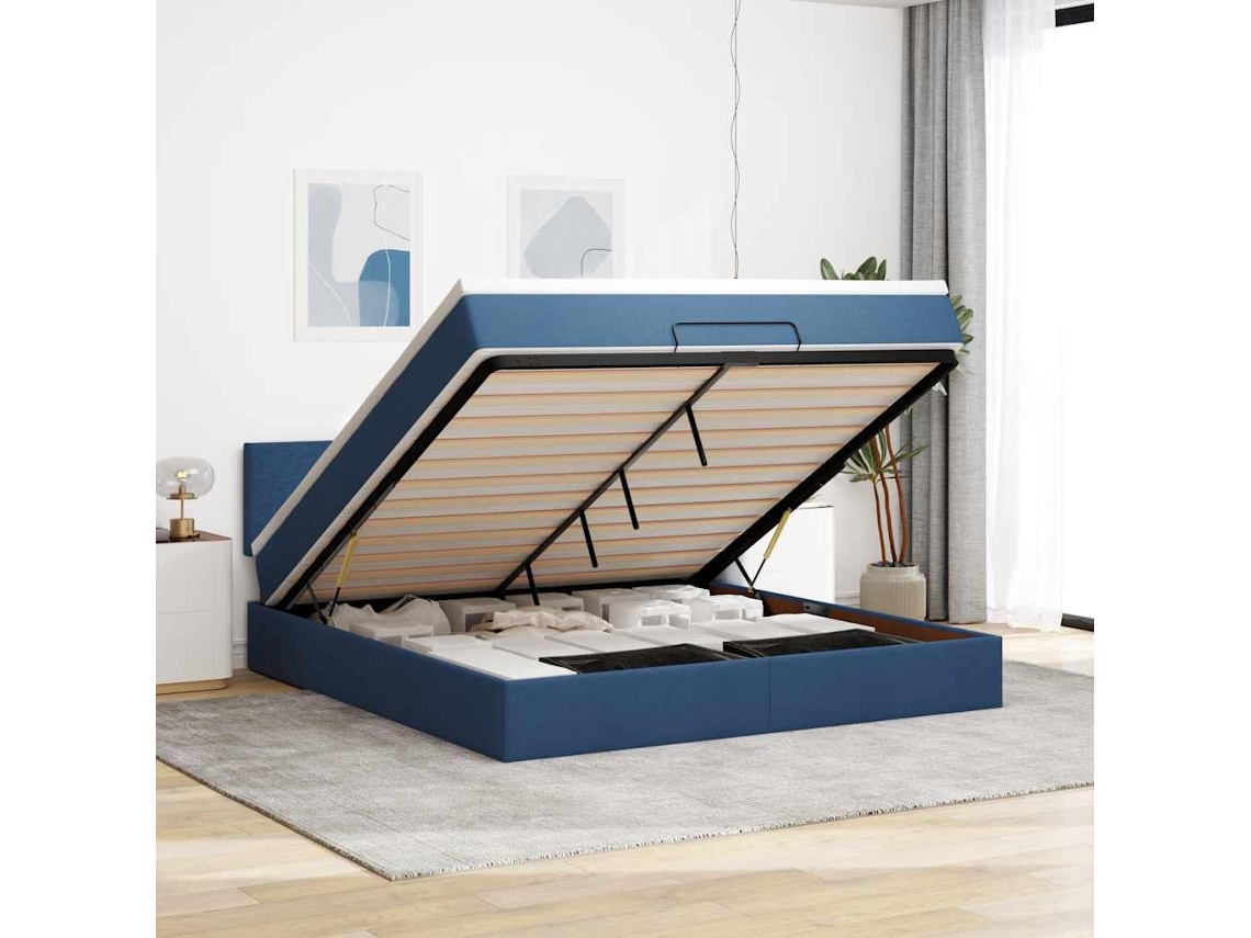 Vidaxl Estrutura De Cama Otomana Com Colchão 160x200 Cm Tecido Azul