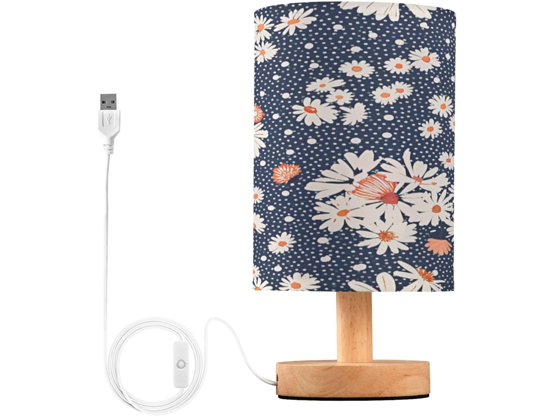 Abajur De Cabeceira Com Impressão Margaridas Para Quarto, Portas De Carregaje USB C, Luminária De Mesa Cabeceira