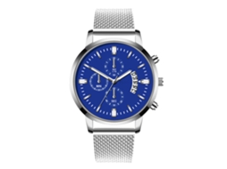 Relógio masculino casual com mostrador redondo colorido, movimento de quartzo e pulseira (prateado e azul).