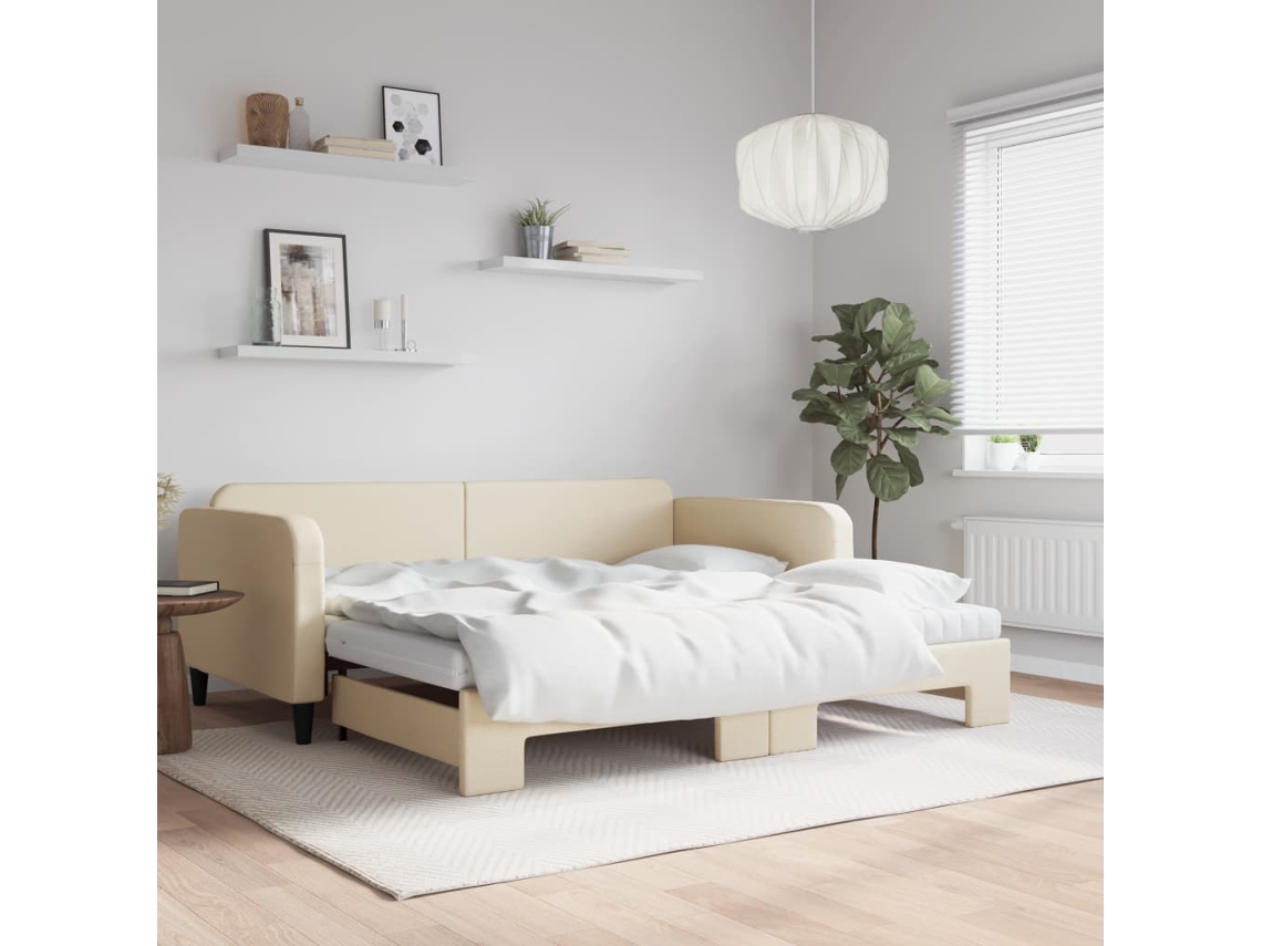 Vidaxl Sofá cama C/ Gavetão e Colchões 100x200 Cm Tecido Cor Creme