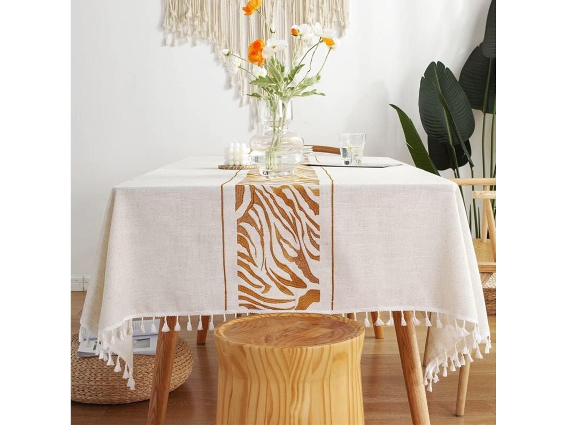 Toalha De Mesa De Algodão E Linho Lavável, Resistente A Manchas, Com Borlas, Adequada Para Decoração De Mesas Em Restaurantes, Ambientes Externos E Re