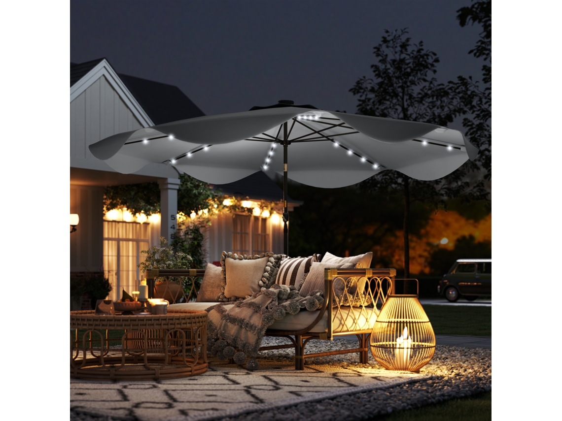 Guarda-sol  Para Jardim Cinza Escuro 292x248cm Com Manivela, 32 Leds Solares E 8 Hastes Para Pátio E Varanda Externa