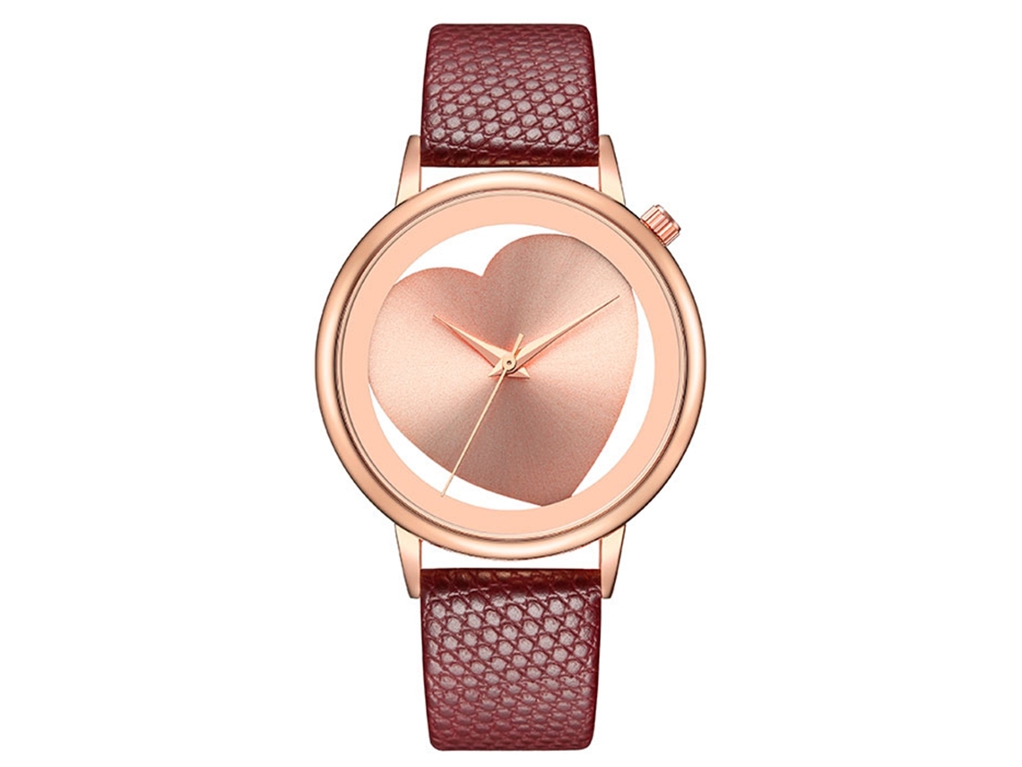Relógio de Pulso Feminino Geekthink de Couro Pu com Padrão de Coração Oco Rose Gold