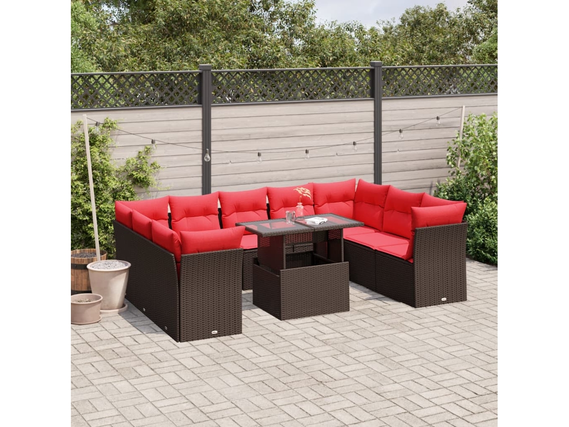 Vidaxl Conjunto De Sofá De Jardim Com 10 Peças E Almofadas Em Rattan Sintético Marrom